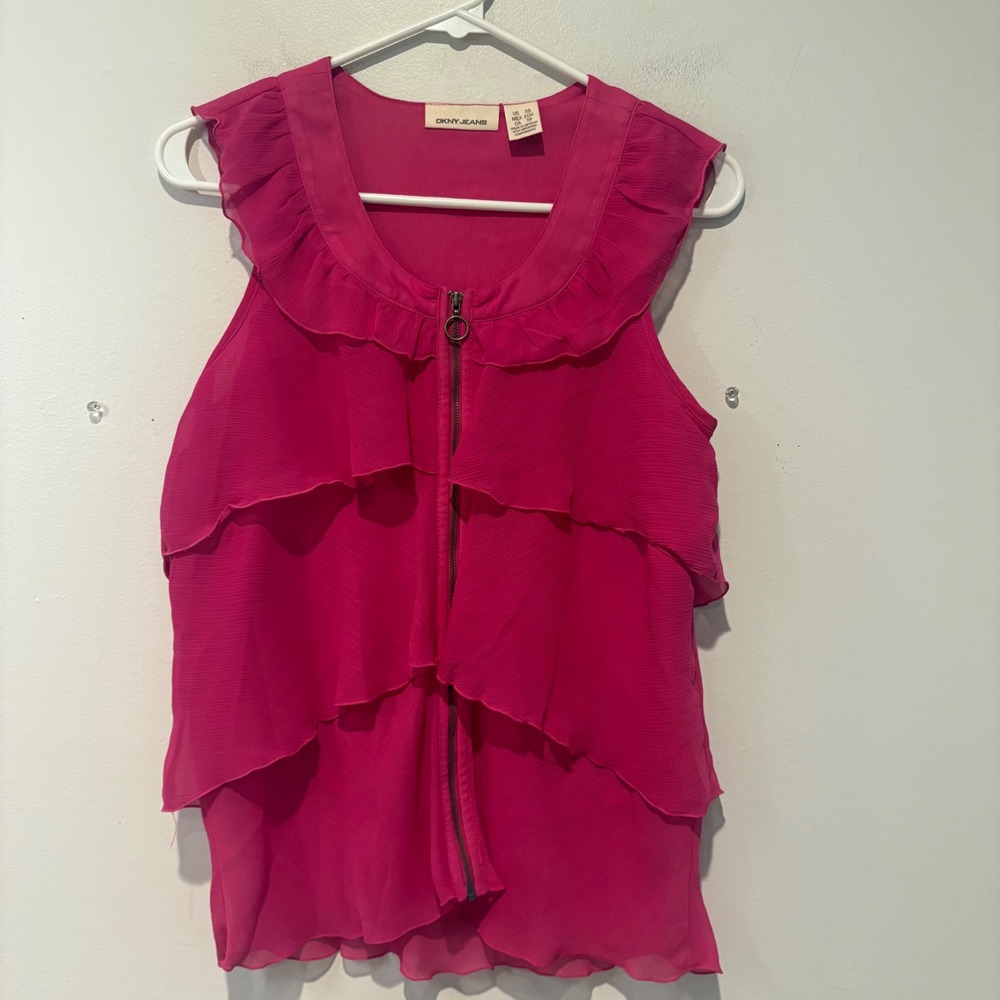 DKNY Pink Ruffle Sleeveless Top XS Full Zip Blouse Festival Party Y2K